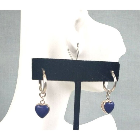 Stirling Silver 925 Lapis Heart Shaped Blue Gemstone Small Hoop Earrings - Picture 4 of 13